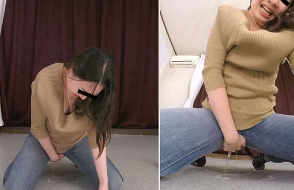 前押さえポーズでジーパンにオシッコお漏らし