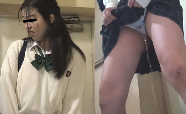 女子高生がスカートたくし上げポーズでオシッコお漏らし